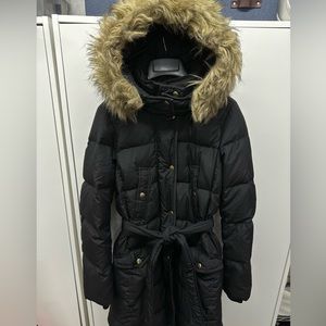 J. Crew women’s down puffer coat, size XS, removeable faux fur hood trim